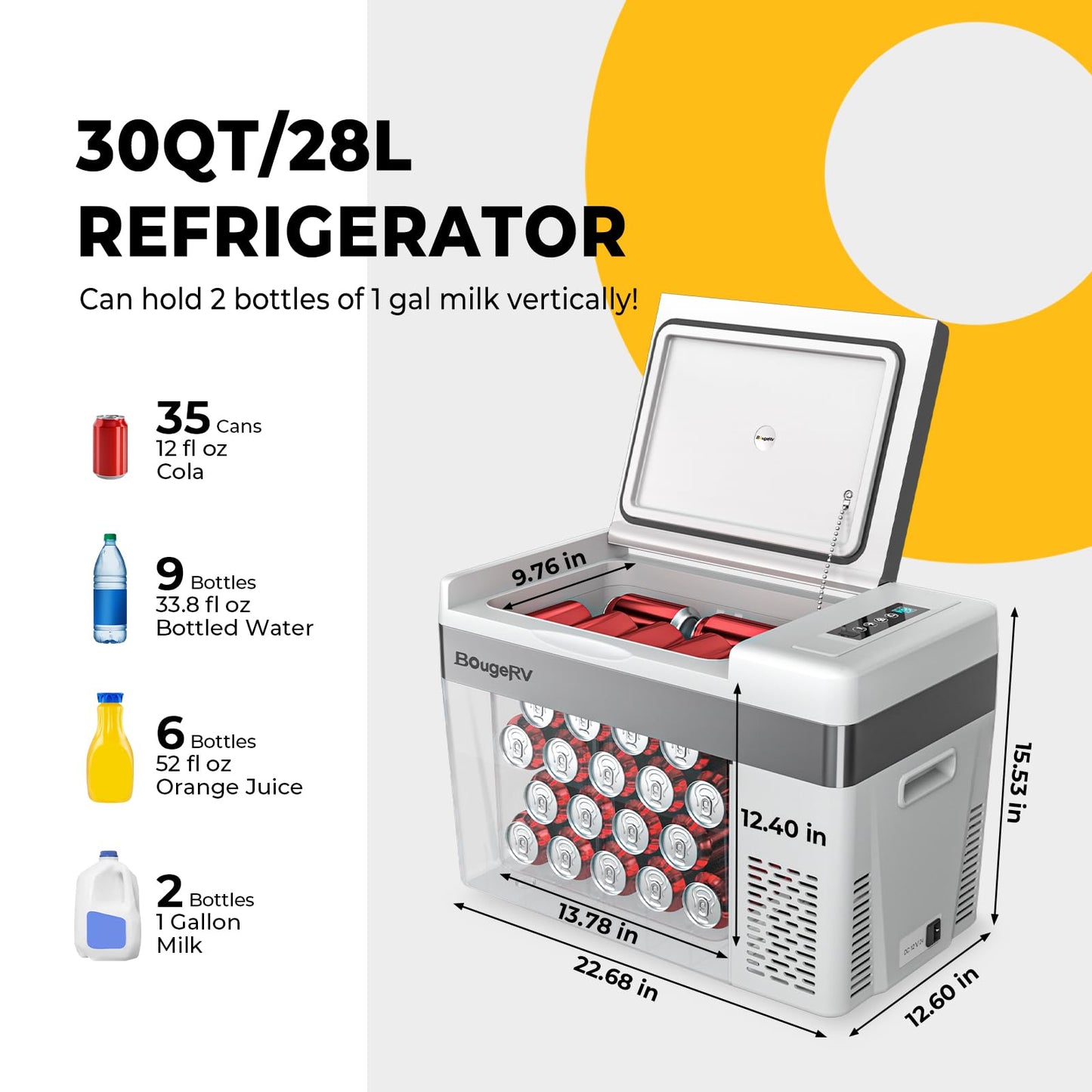 BougeRV 12 Volt Refrigerator 12V Car Fridge 23 Quart Portable Freezer Compressor Cooler 12/24V DC 110~240 Volt AC for Truck Van RV Camper SUV Travel Camping Road Trips Tailgating -7℉~50℉