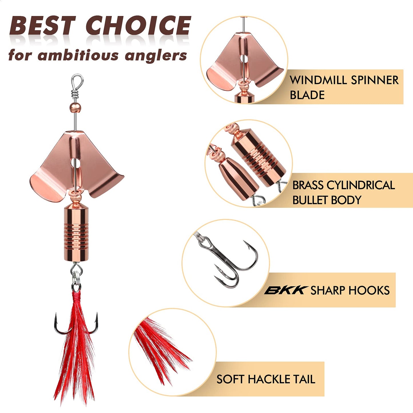 TRUSCEND Swimming or Jigging Fishing Spinners with Two-Way Spinning Spoons System, Rooster Tail Fishing Lures with Flash Copper Body & Blade, Freshwater and Saltwater Blade Bait for Bass Walleye Trout