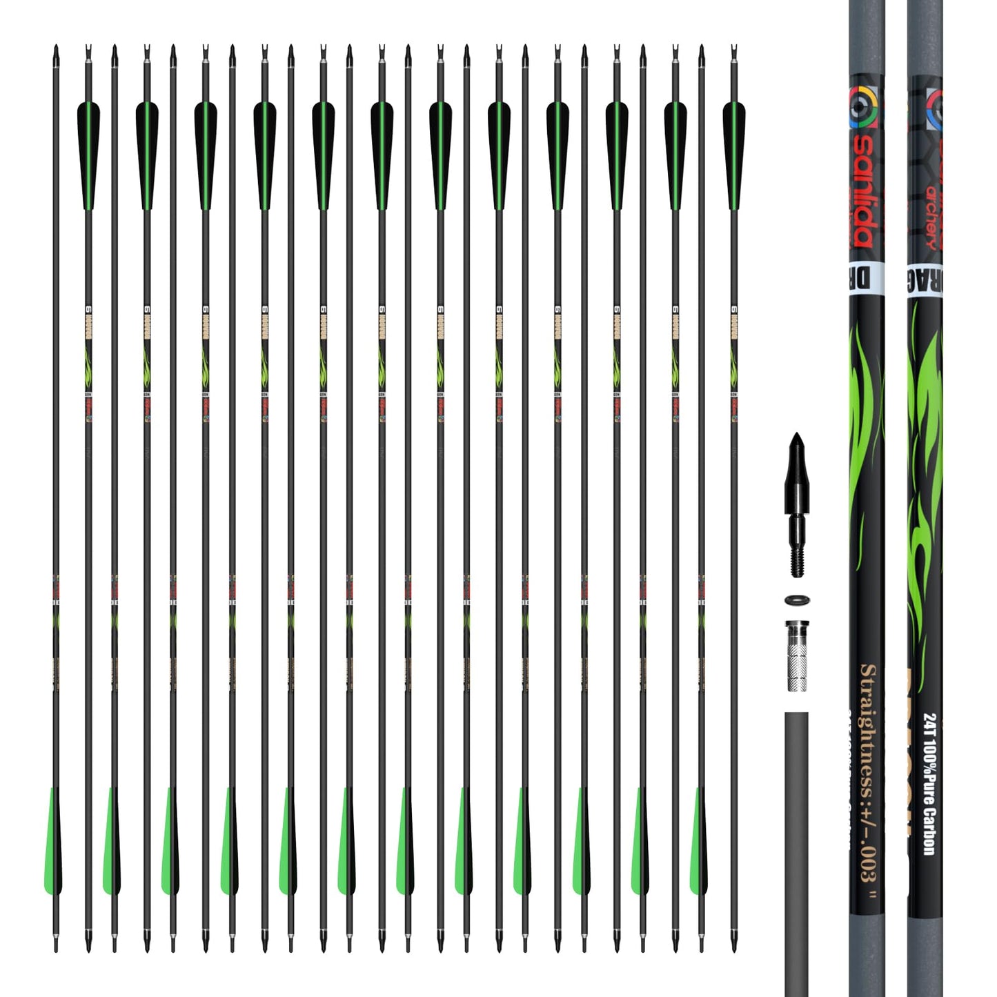 sanlida 100% Pure Carbon Arrows, 0.001"/0.003"/0.006", Buy 12 Get 12 Free/Buy 6 Get 6 Free!10 Spines Deflection for Compound Bow & Recurve Bows (12PCS / 24PCS)