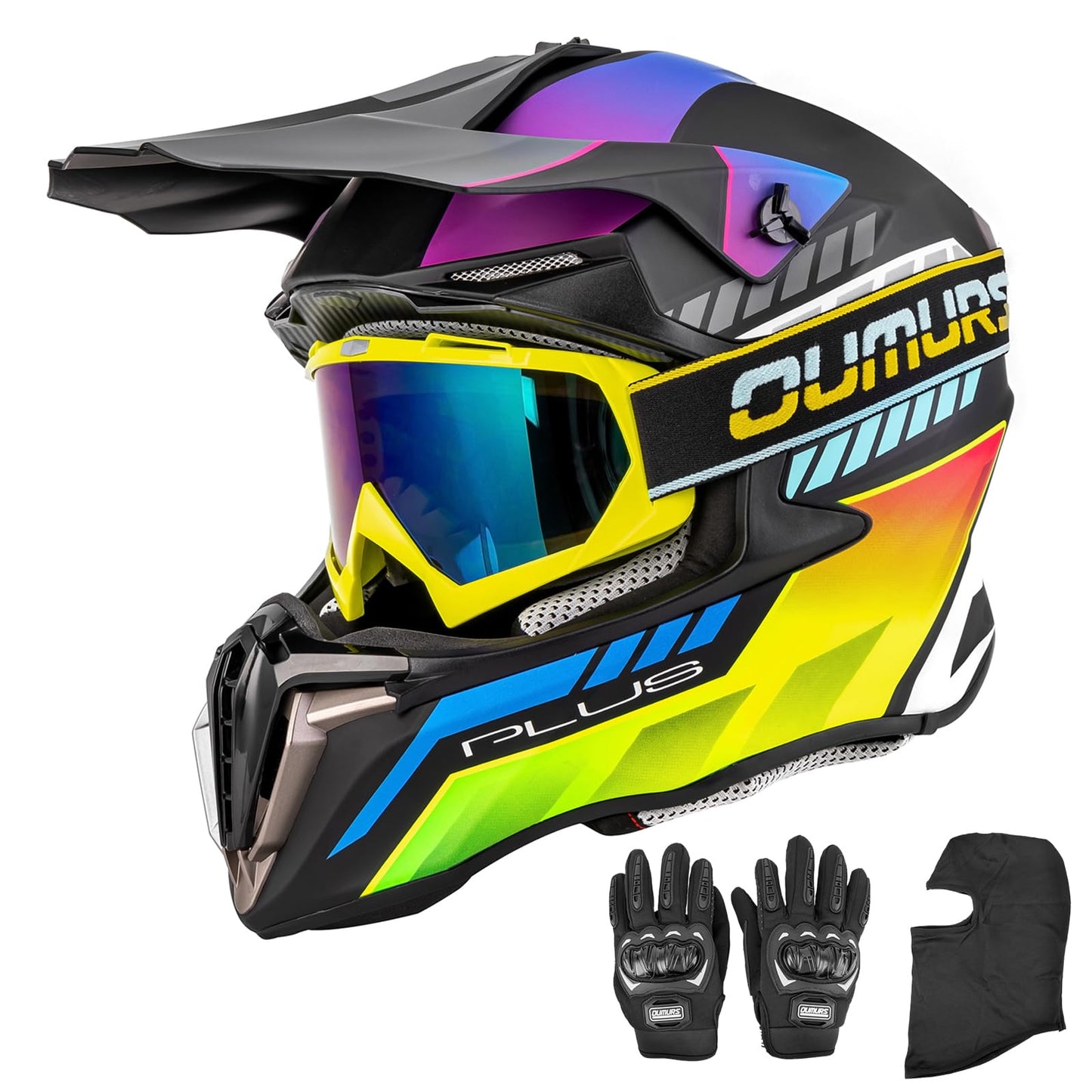 Adult ATV Dirt Bike Helmet with Goggles Gloves & Mask Quick Release Buckle Adjustable Sun Visor Motorcycle Adult Helmet Off-Road Motocross Downhill Moped MX for Unisex-Adult