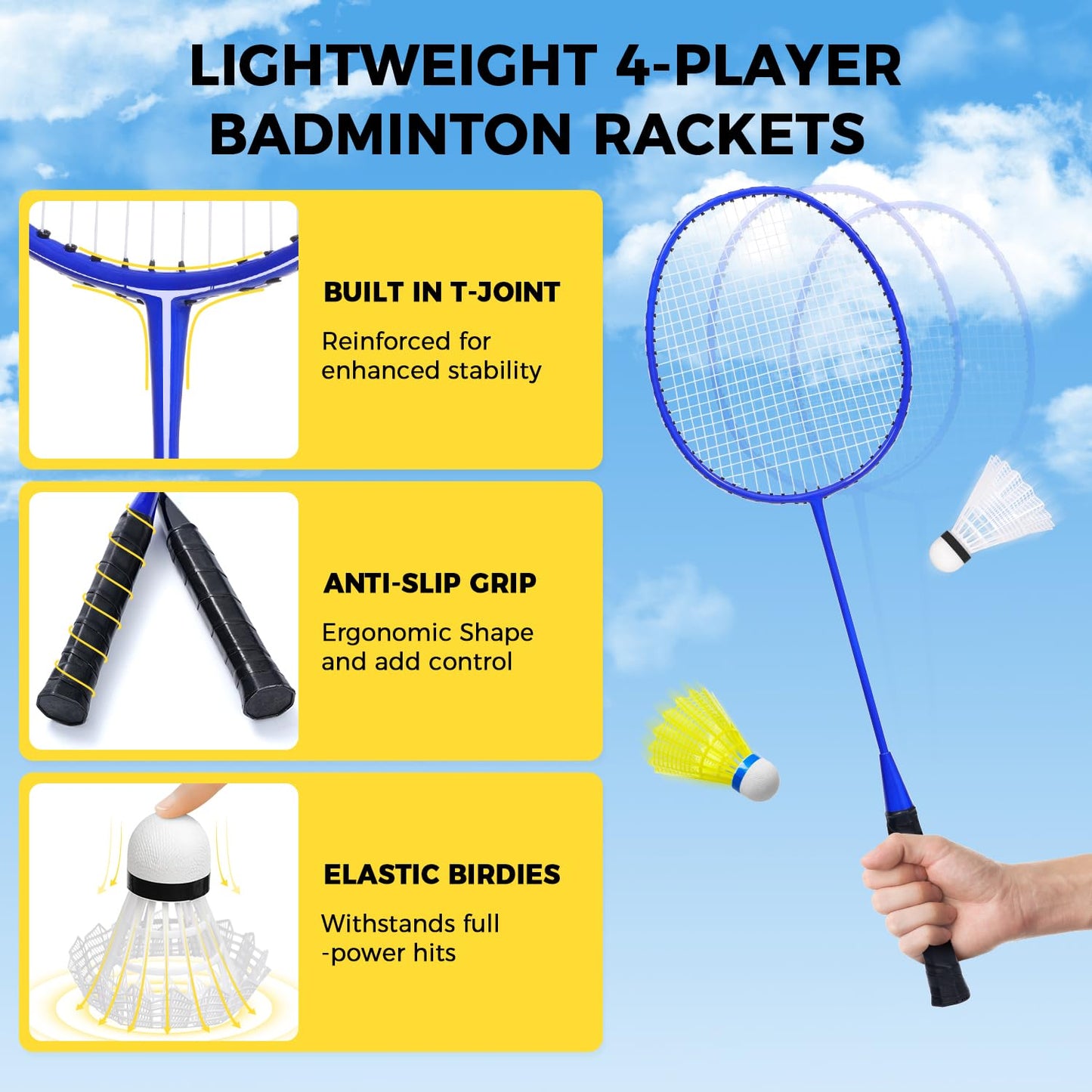 BAGAIL Outdoor Badminton Net Set with Anti-Sag Winch System - Official Size 20ft x 5ft, 4 Rackets, 3 Shuttlecocks, Durable PE Net & Carry Bag for Backyard, Beach, Family Games - Yellow