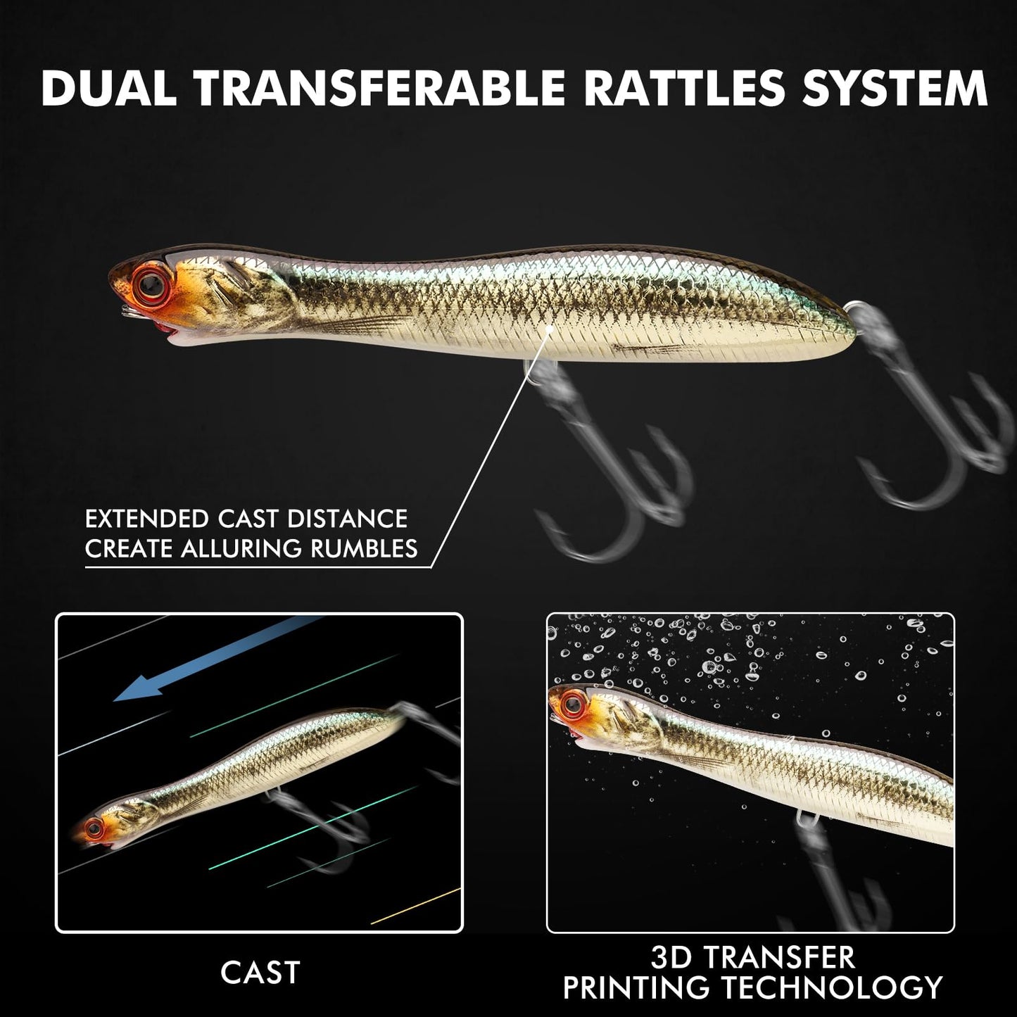 TRUSCEND PoPobait Plopper with BKK Hooks, Top Water Fishing Lures for Bass Walleye Pike Catfish Musky Perch, Floating Lure for Freshwater or Saltwater, Amazing Teasers Fishing Gifts for Family Fishing