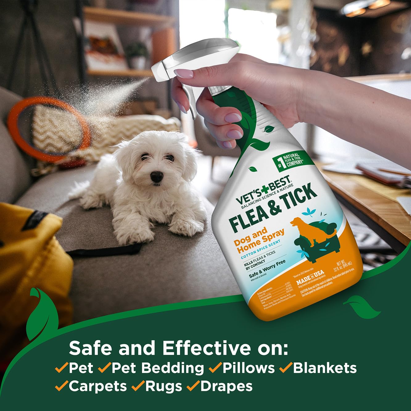 Vet's Best Flea and Tick Home Spray - Dog Flea and Tick Treatment for Home - Plant-Based Formula - Certified Natural Oils,Green - 32 oz