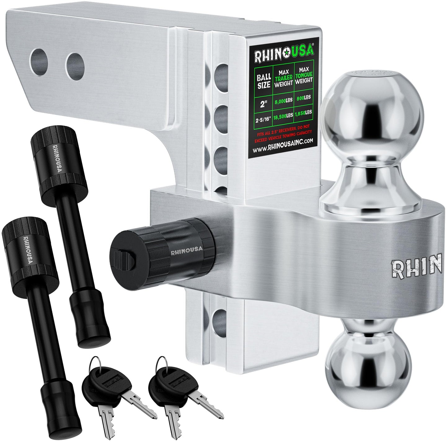 Rhino USA Adjustable Trailer Hitch (Fits 2-Inch Receiver) - Heavy Duty Aluminum Tow Hitches with 6-Inch Drop/Rise for Truck (12,500 LBS GTW) - Weatherproof Double Anti-Theft Locking Hitch Pins (Black)