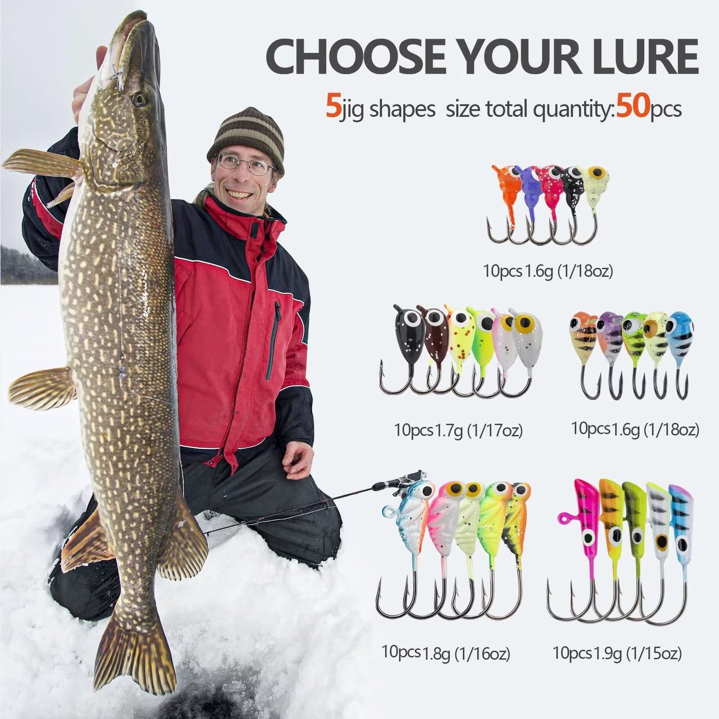 THKFISH Ice Fishing Jigs Kit Ice Fishing Lures for Walleye Perch Jigs Heads for Ice Fishing Tackle Panfish Crappie Jigs 50PCS/31PCS