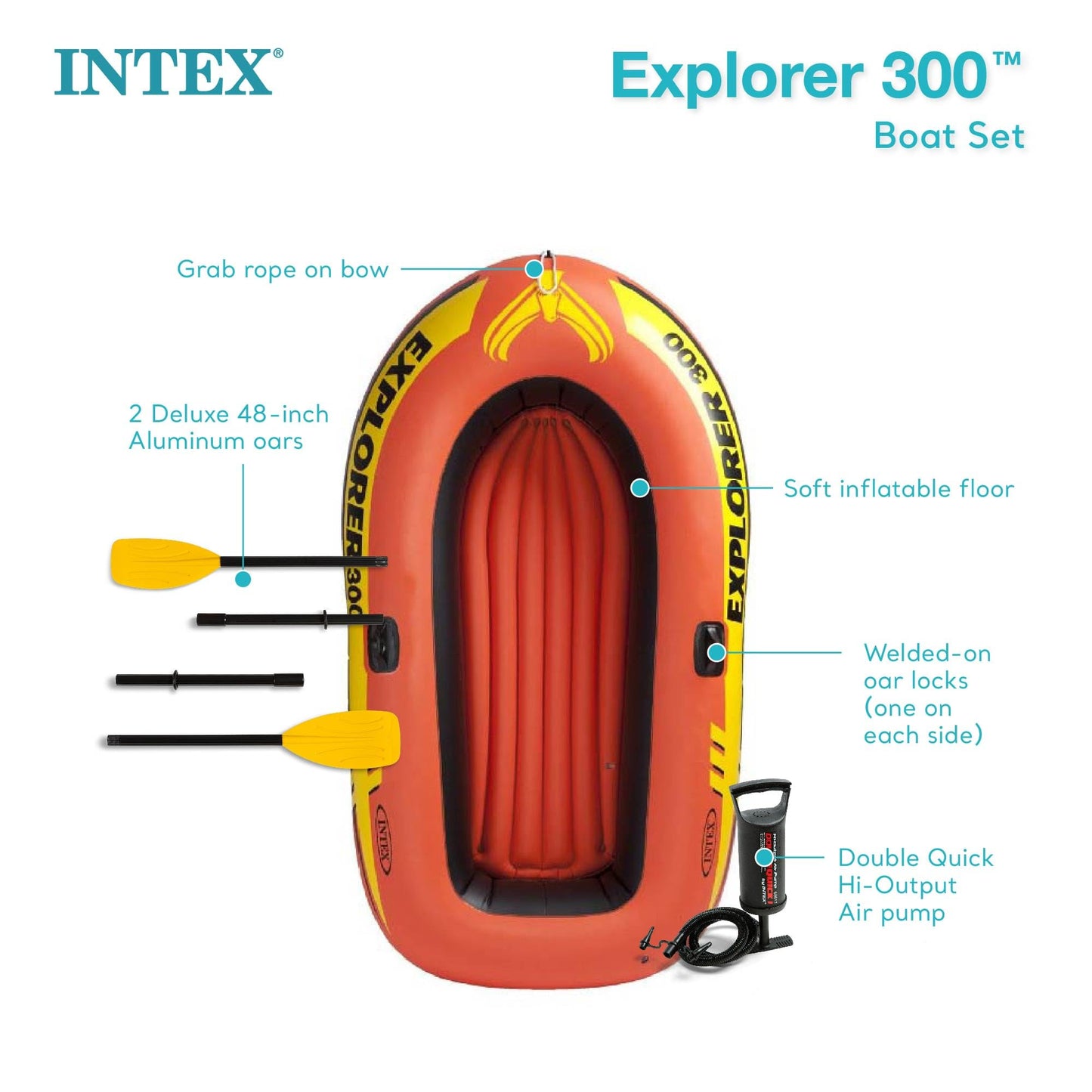 INTEX Explorer Inflatable Boat Series: Dual Air Chambers – Welded Oar Locks – Grab Handles – Bow Rope – Sporty Design