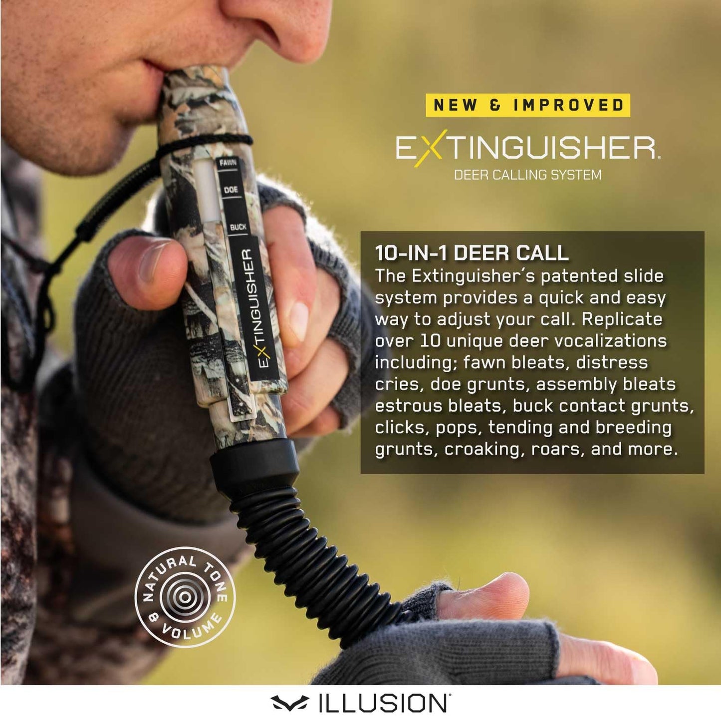 Extinguisher Deer Call by Illusion | Grunt Tube | Buck, Doe, Fawn | Adjustable 10-in-1 Call | Color (CAMO/Black) | Freeze Resistant