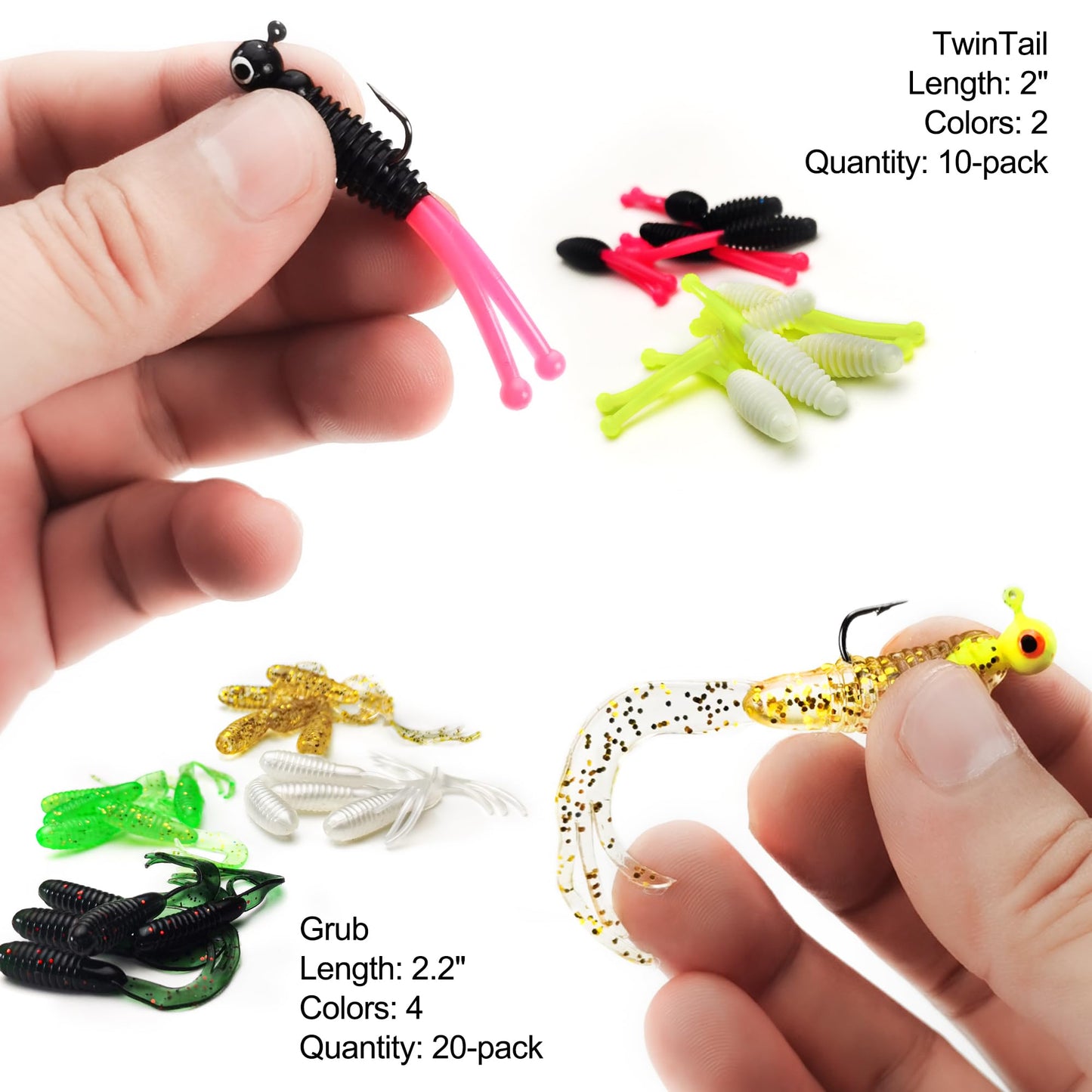 Crappie Lures Tube Lures Jigs Heads Worms Swimbaits Kit, 165, 124, 50 Pcs Pre-Rigged Crappie Jigs Tube Hooks Soft Plastic Grub Worms Baits for Bass Trout Freshwater Saltwater Fishing