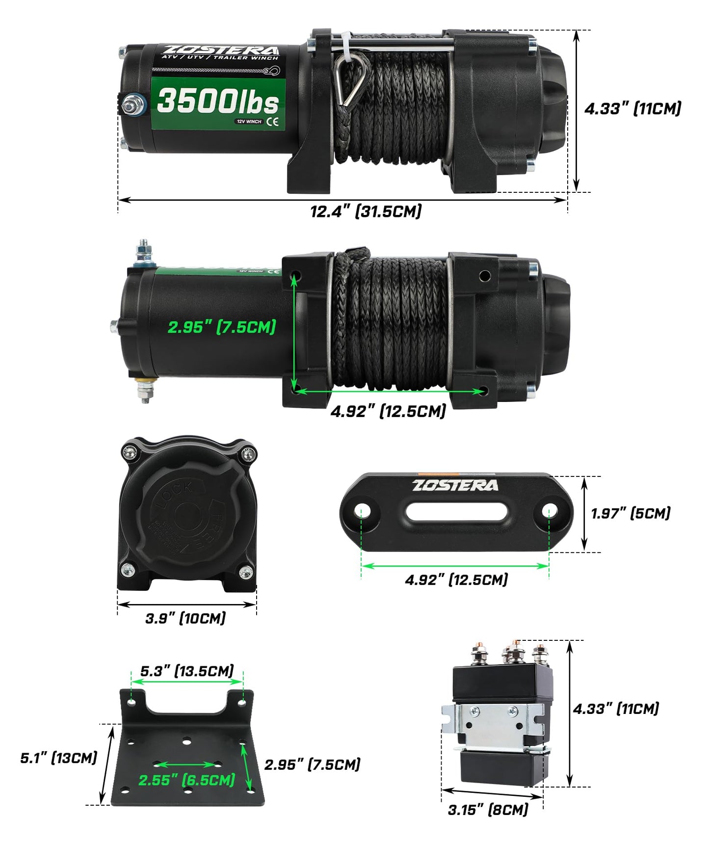 3500lbs ATV/UTV Winch with Synthetic Rope, Electric Boat Trailer Winch 12V, Waterproof Winch with 2 Wireless Remotes &Wired Switch,with Mounting Plate,Pulley,Rope Damper,Aluminium Fairlead