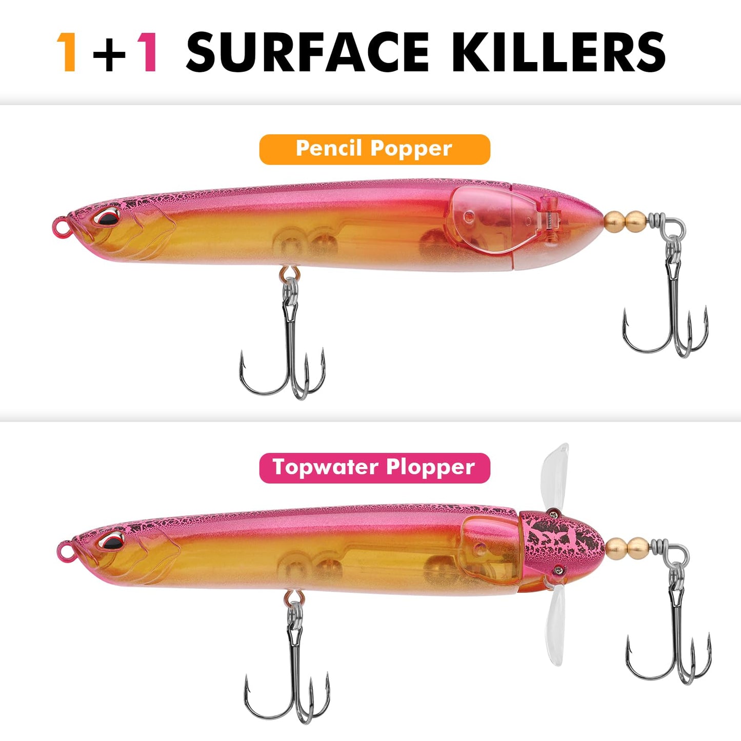 TRUSCEND PoPobait Plopper with BKK Hooks, Top Water Fishing Lures for Bass Walleye Pike Catfish Musky Perch, Floating Lure for Freshwater or Saltwater, Amazing Teasers Fishing Gifts for Family Fishing