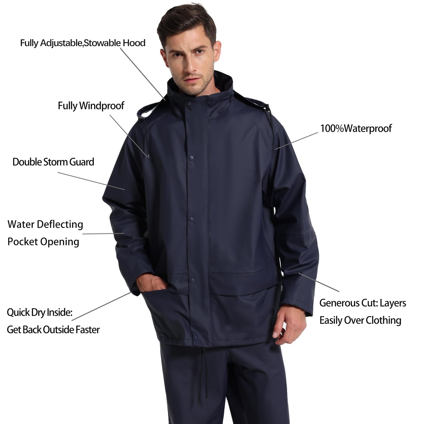 Men's Workwear PRO Rain Suit - Waterproof Jacket and Bib Pants 3-piece Set for Ultimate Safety and Comfort
