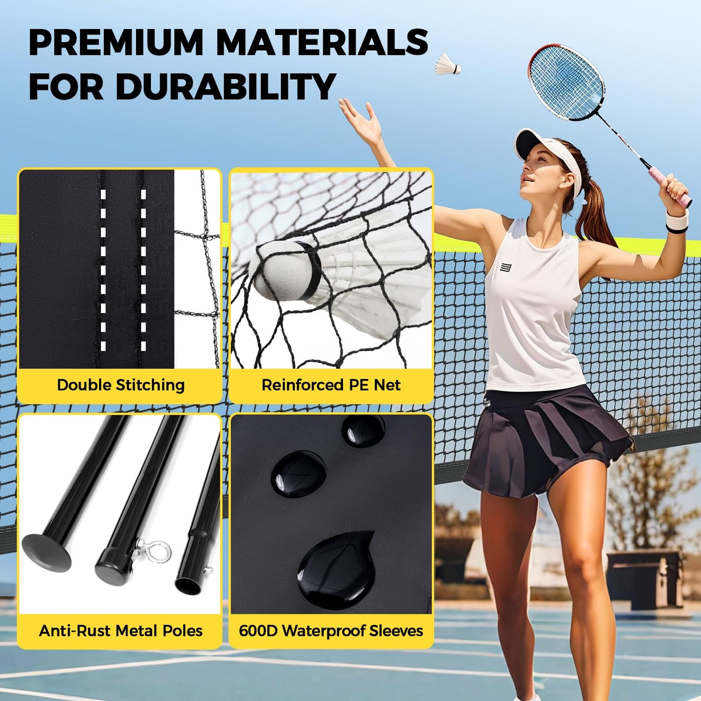 BAGAIL Outdoor Badminton Net Set with Anti-Sag Winch System - Official Size 20ft x 5ft, 4 Rackets, 3 Shuttlecocks, Durable PE Net & Carry Bag for Backyard, Beach, Family Games - Yellow