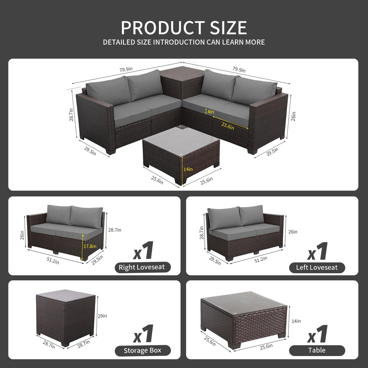 Outdoor PE Wicker Patio Furniture Set 4 Piece Black Rattan Sectional Loveseat Couch Set Conversation Sofa with Storage Box Glass Top Table and Non-Slip Grey Cushion