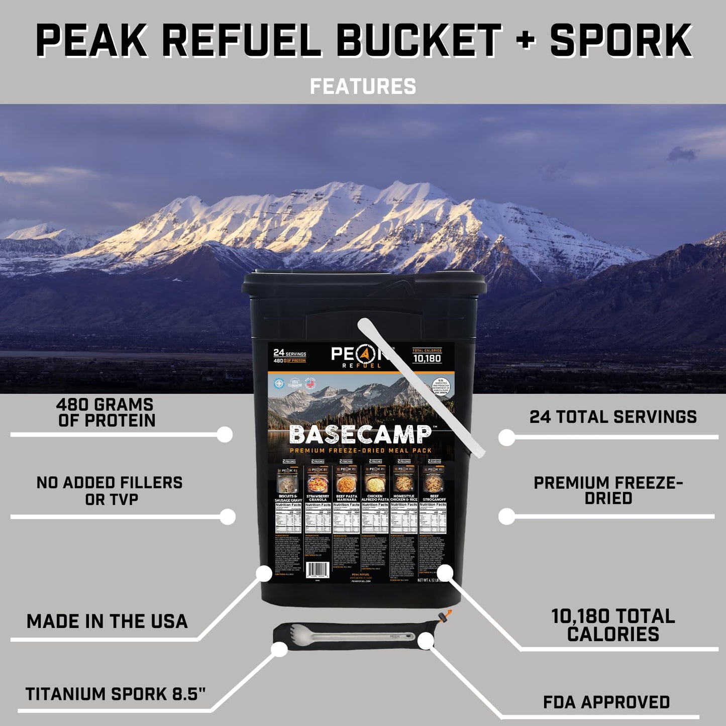 Peak Refuel Buckets | 100% Real Meat | Premium Freeze-Dried Meals for Backpacking, Camping & Survival | 24 Servings | MRE Emergency Food (Essentails Bucket)