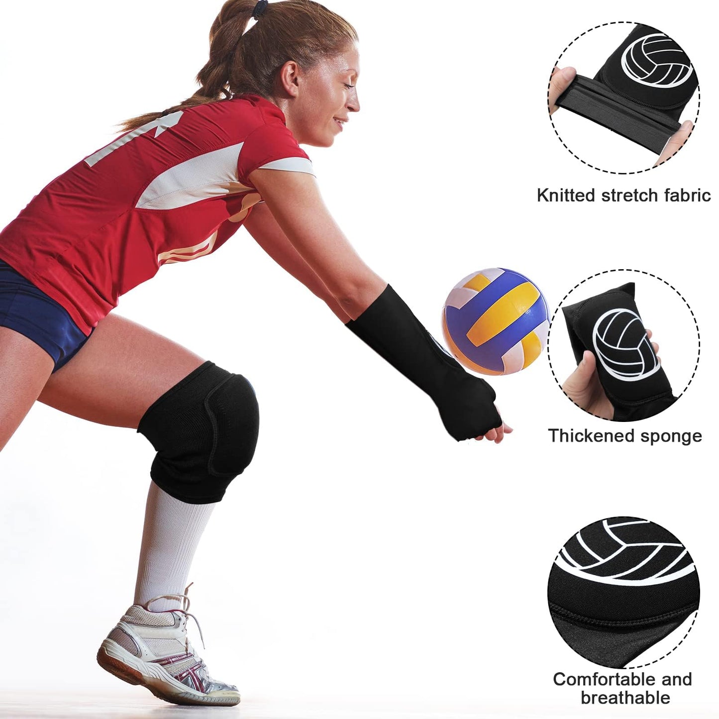 Sosation 2 Set Volleyball Knee Pads and Volleyball Arm Sleeves with Protection Pad Compression Forearm Wrist Guard with Thumb Hole Soft Breathable for Hitting Passing(Black, White)