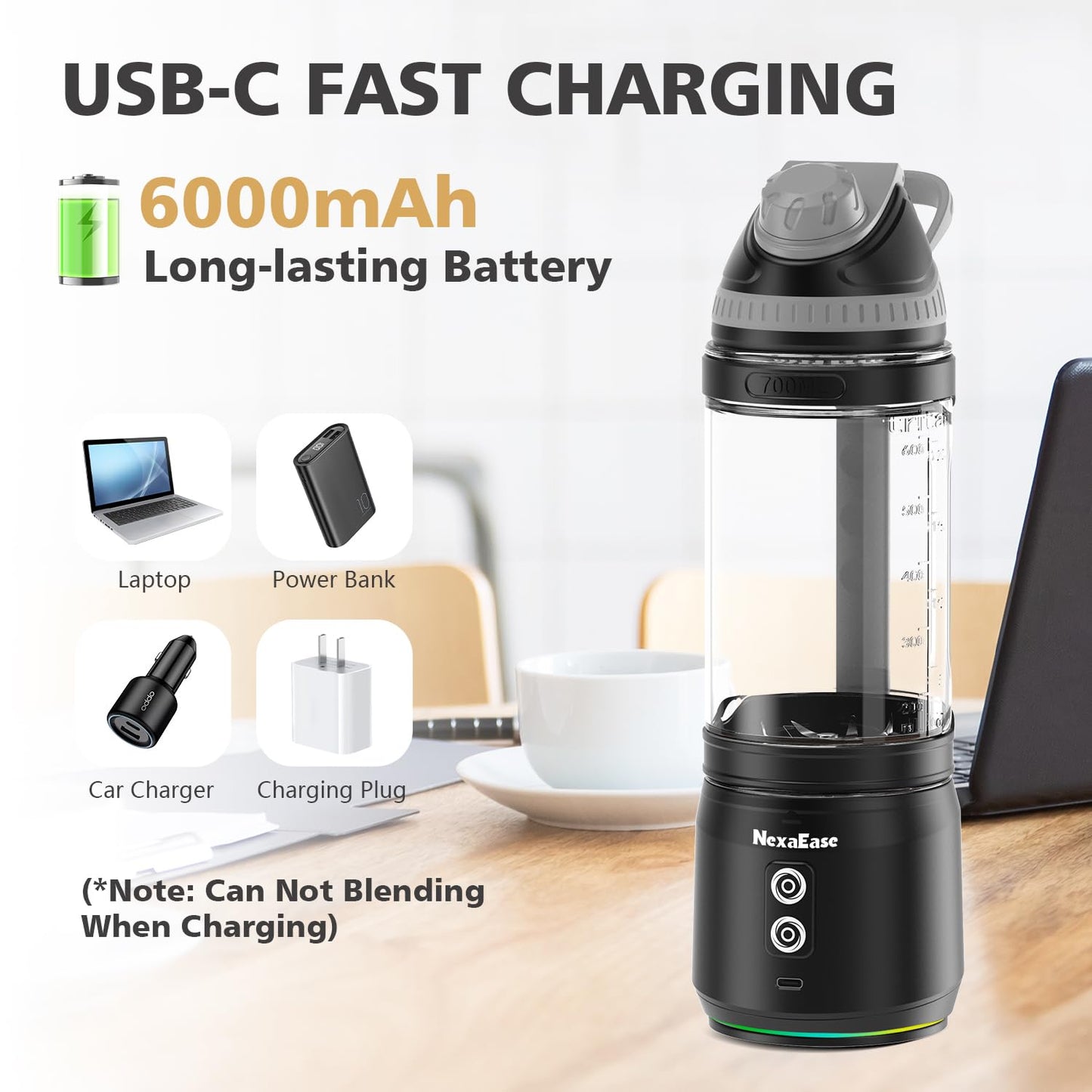 Portable Blender with Insulated Carrying Case & Recipe Book for Shakes and Smoothies, 24 OZ Personal Juicer Electric Protein Shaker Bottle, Mini Small Blender Cup with USB-C Rechargeable, Travel Lid