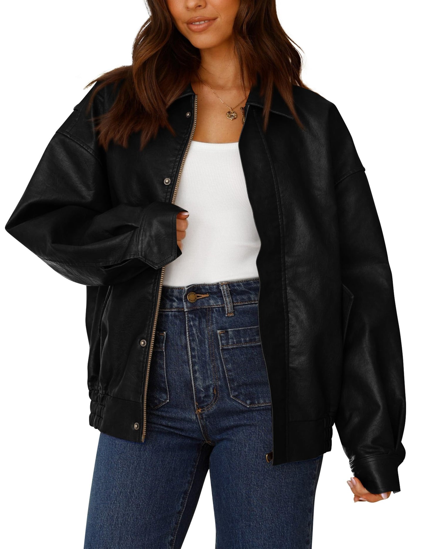 PRETTYGARDEN Women's Faux Leather Motorcycle Jacket Trendy Fall Spring Clothes Oversized Zip Up Winter Coat Outerwear