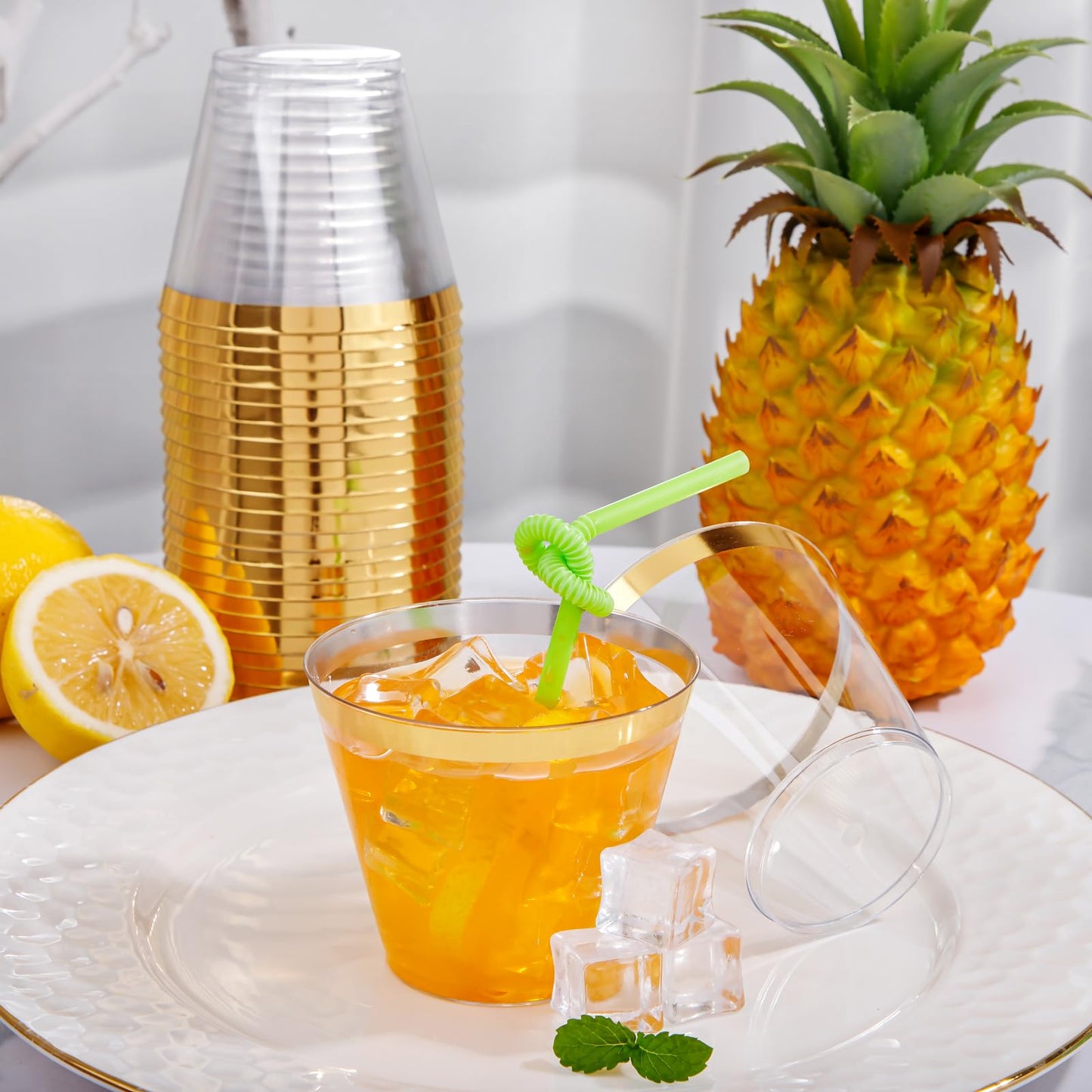 I00000 200 Pack Gold Plastic Cups, 9 Oz Elegant Clear Plastic Cups Gold Rimmed Disposable Wine Glasses Fancy Disposable Party Cups Wedding Cups Drinking Tumblers Plastic Cocktail Glasses with Gold Rim