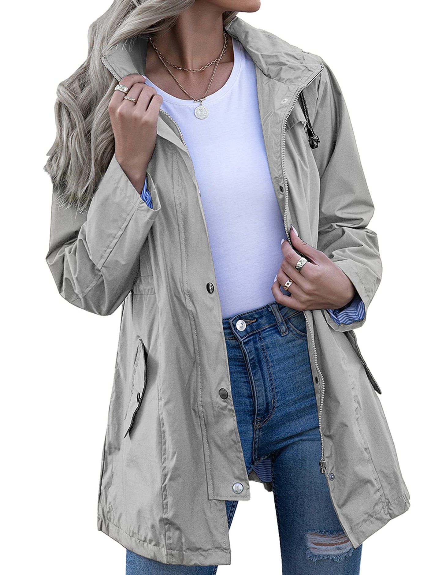 Rain Jacket Women Striped Lined Hooded Lightweight Raincoat Outdoor Waterproof Windbreaker