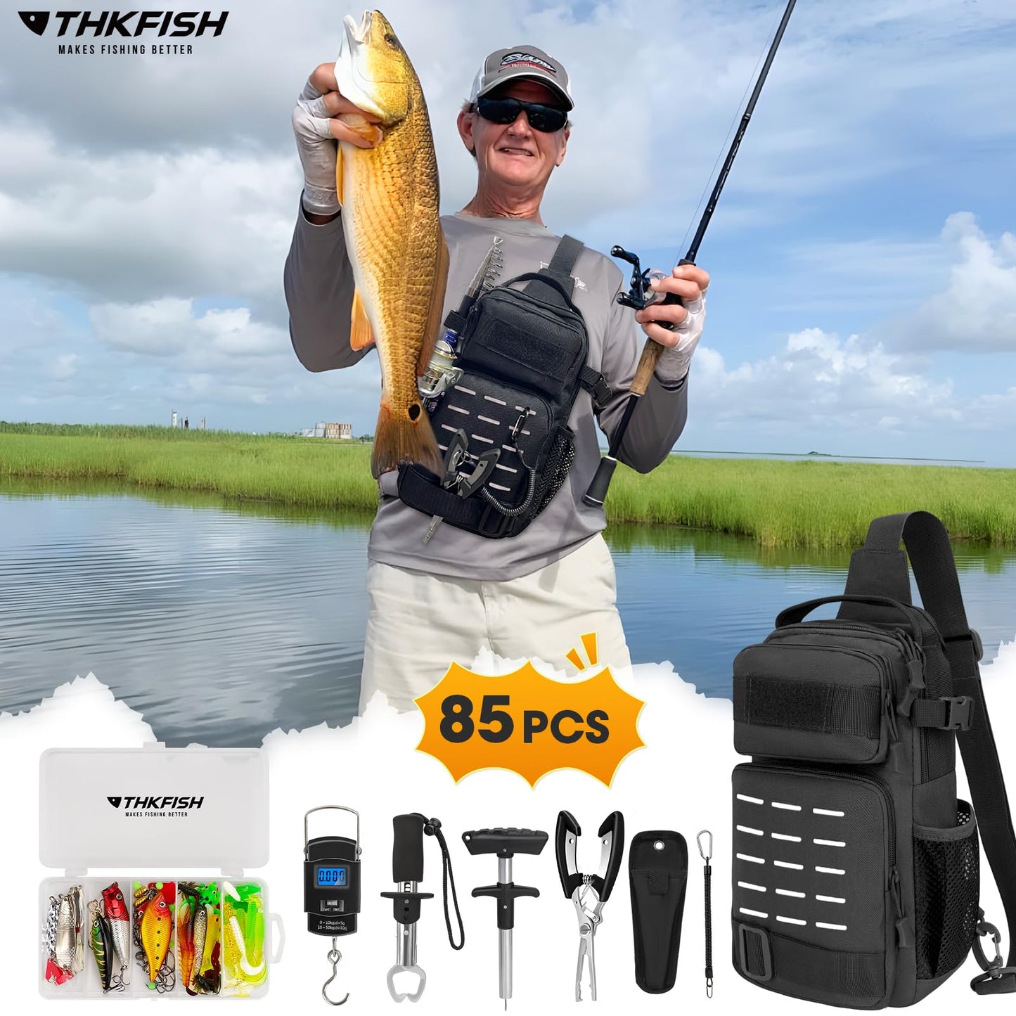 THKFISH 85Pcs Fishing Tool Kit, Fishing Backpack with Tackle Boxes Included, Fishing Tackle Kit Include Fishing Bait Lure Gear Kit, Fishing Pliers, Fish Hook Remover, Lip Gripper
