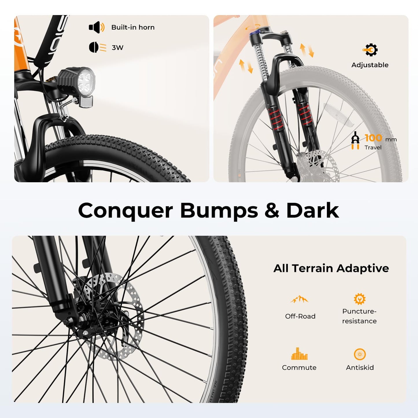 Jasion EB5 Electric Bike for Adults with Peak 500W Brushless Motor, 40Miles 20MPH Commuting Electric Mountain Bike with 360Wh Removable Battery, 7-Speed, 26" Tires and Front Fork Suspension