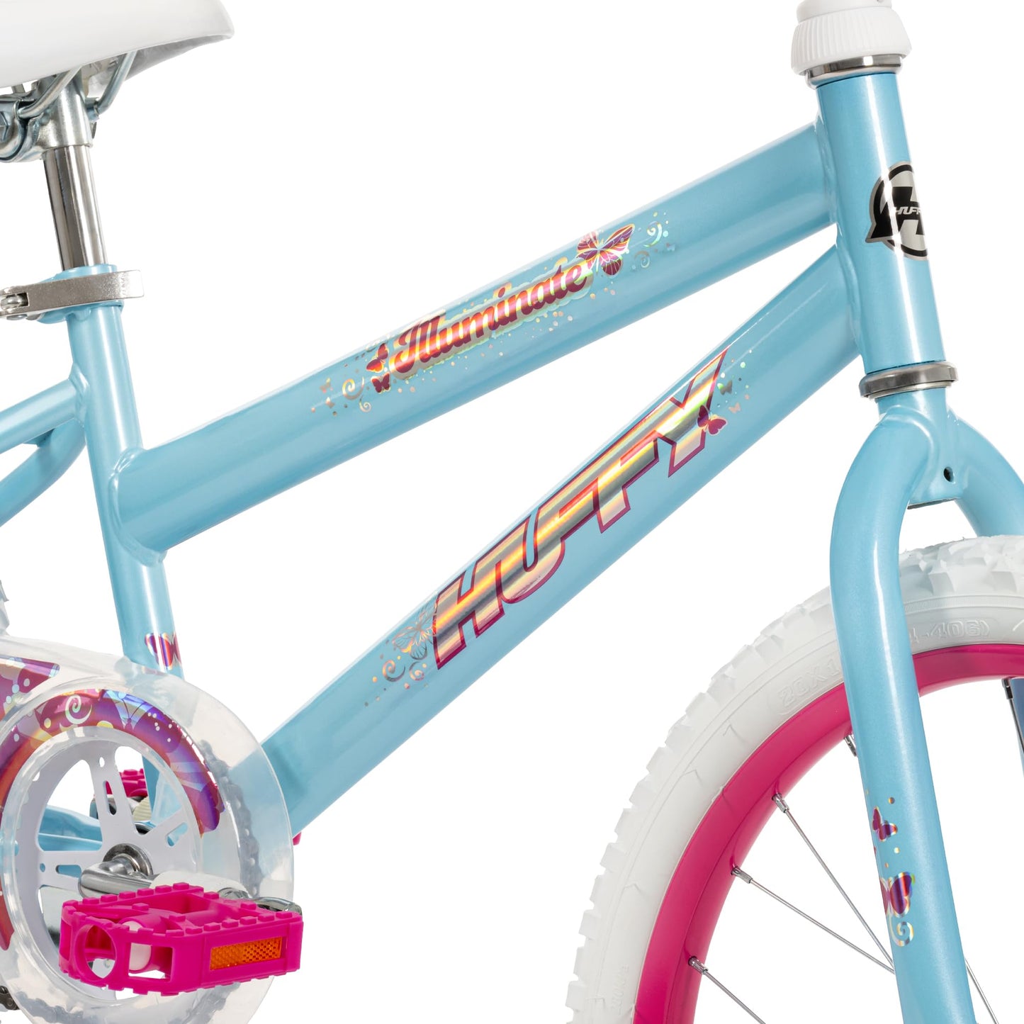 Huffy Illuminate 20” Girl’s Bike, Sky Blue Frame with Butterfly Graphics, Kickstand Included, Streamers and Chain Guard, White Tires and Pink Rims