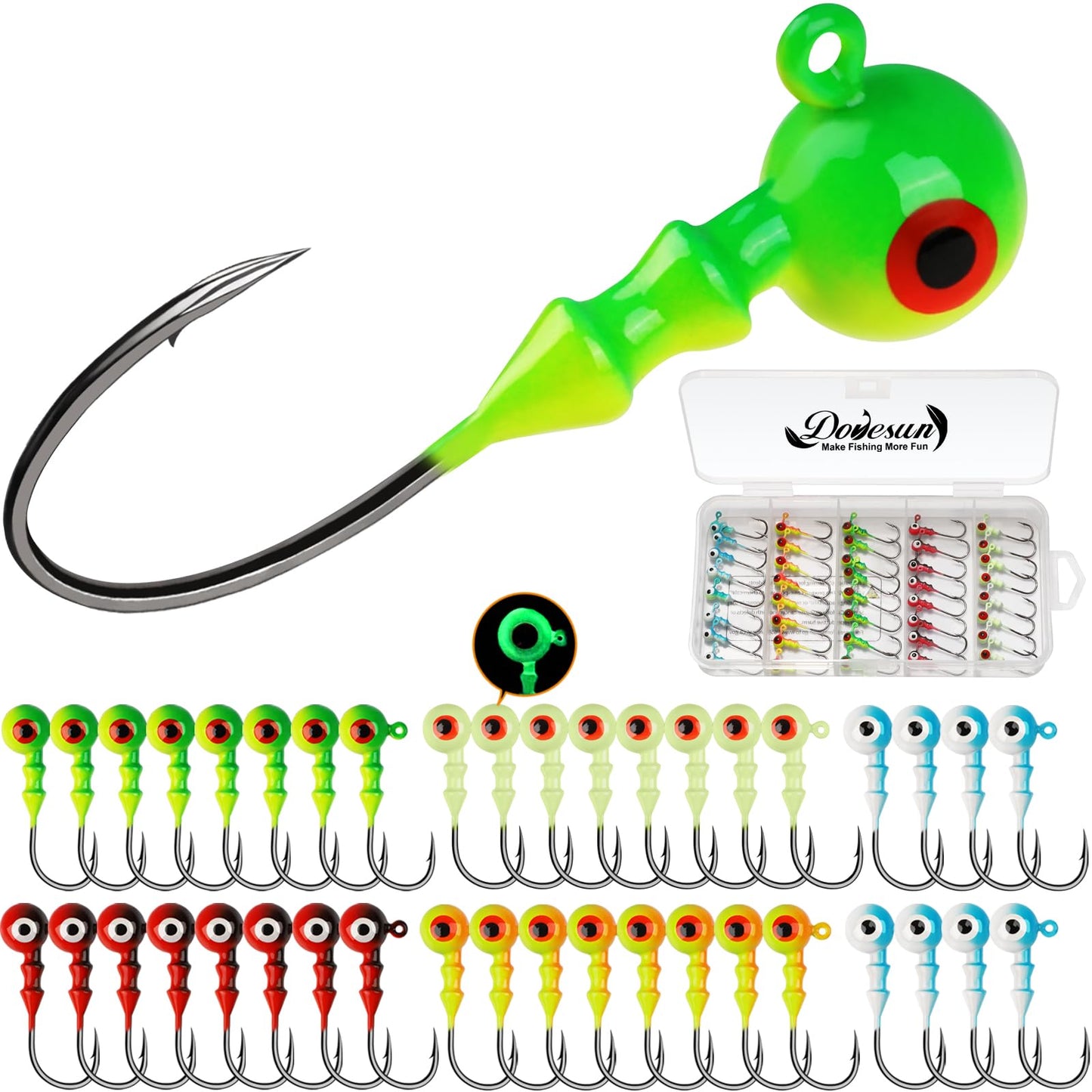 Dovesun Jig Heads for Fishing, Painted Jigheads with 3D Eye Ball Glowing Walleye | Bass | Crappie jigs 1/2oz 3/8oz 1/4oz 1/5oz 1/8oz 1/10oz 1/16oz 1/32oz Fishing Jig Hooks Assortment 15-40pcs