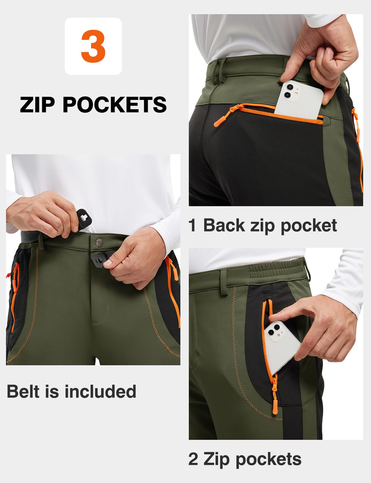 TBMPOY Men's Snow Ski Hiking Pants Waterproof Winter Fleece Lined Pants Camping Skiing Ice Fishing Pants with Belt 02 Thick Green L