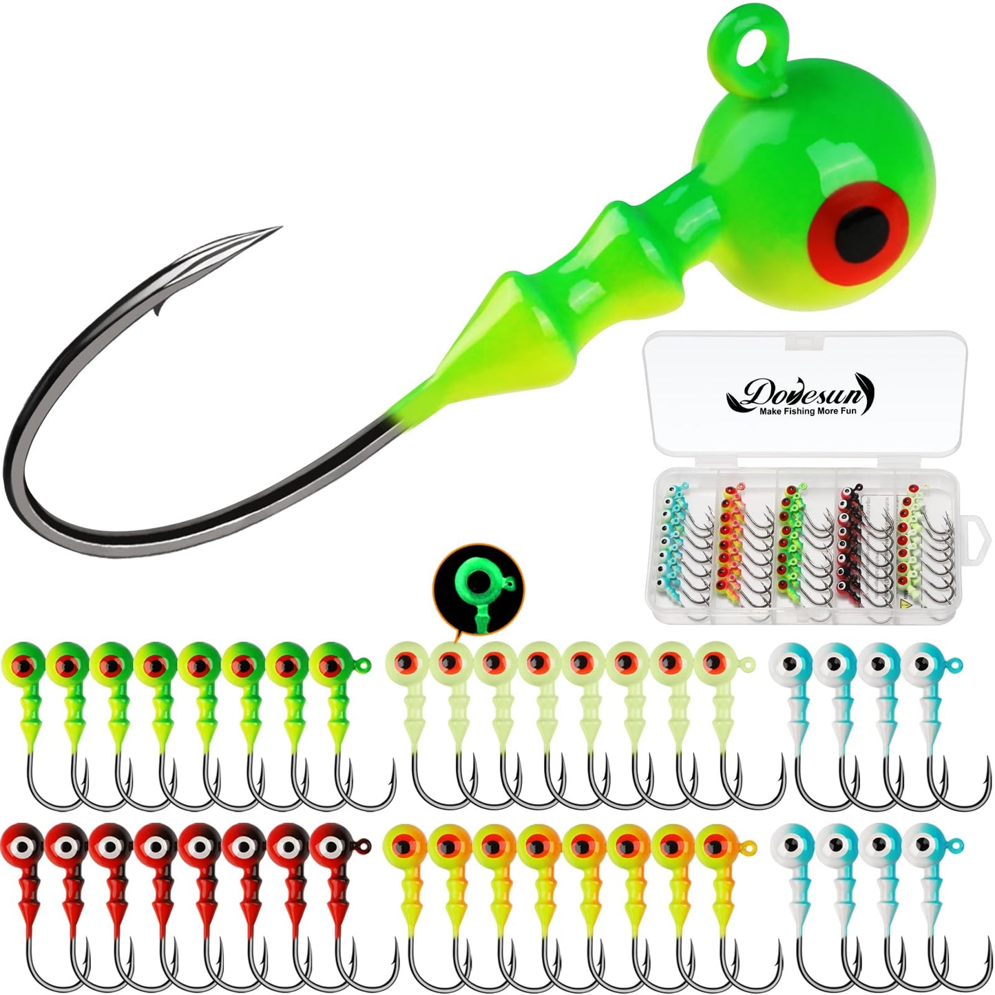 Dovesun Jig Heads for Fishing, Painted Jigheads with 3D Eye Ball Glowing Walleye | Bass | Crappie jigs 1/2oz 3/8oz 1/4oz 1/5oz 1/8oz 1/10oz 1/16oz 1/32oz Fishing Jig Hooks Assortment 15-40pcs