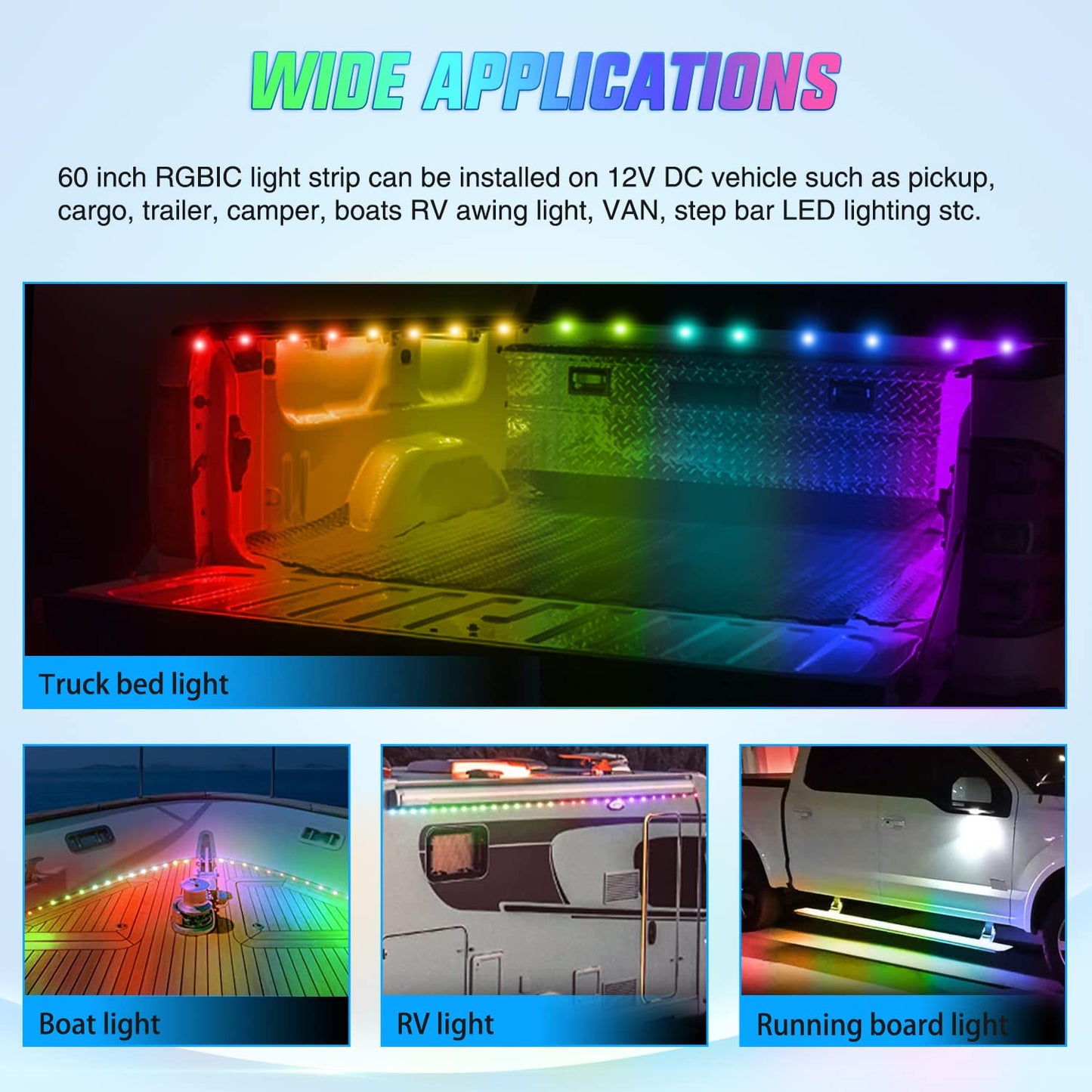 Nilight 3PCS 60 Inch RGB Truck Bed Light Strip Kit 270 LED Neon Accent Lights with RF Remote On Off Switch Splitter Extension Cable for Cargo Pickup Truck Camper RV SUV Boat