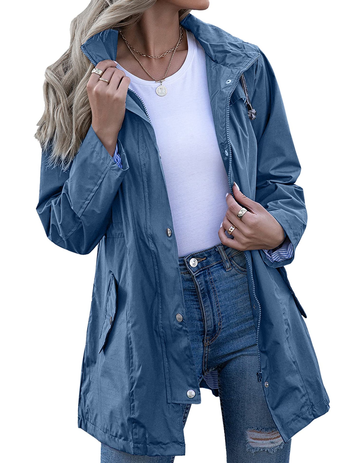 Rain Jacket Women Striped Lined Hooded Lightweight Raincoat Outdoor Waterproof Windbreaker