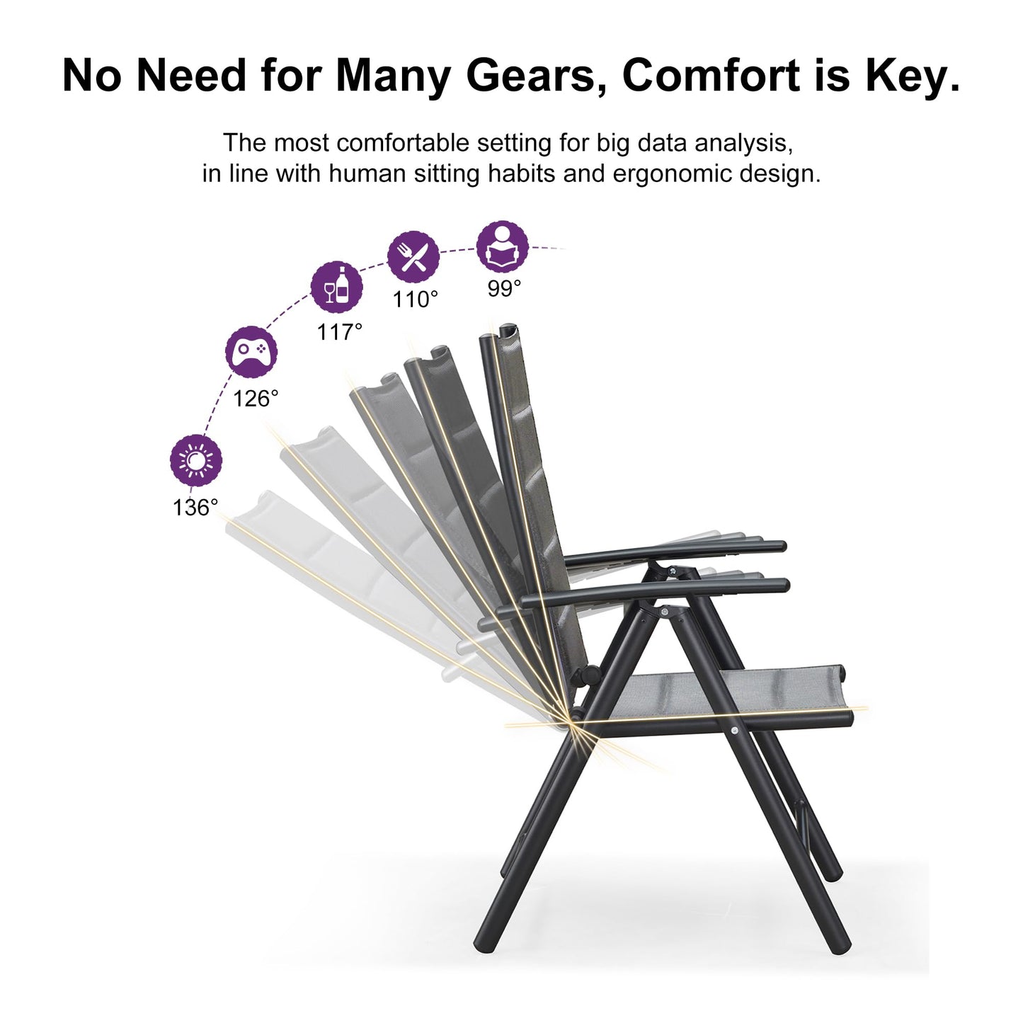 PURPLE LEAF 9 Pieces Outdoor Patio Dining Set with 8 Folding Portable Chairs and 1 Rectangle Aluminum Table, Foldable Adjustable High Back Reclining Chairs with Soft Cotton-Padded Seat, Grey