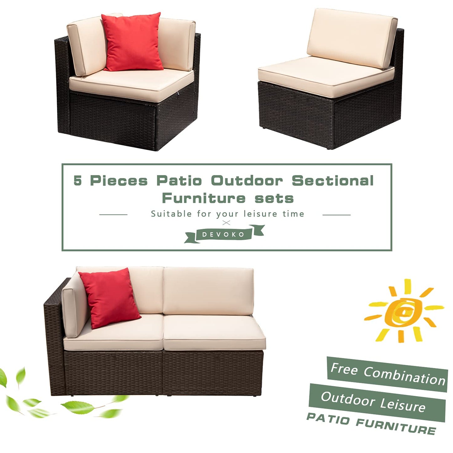 Devoko 5 Pieces Patio Furniture Sets All Weather Outdoor Sectional Patio Sofa Manual Weaving Wicker Rattan Patio Seating Sofas with Cushion and Glass Table(Beige)