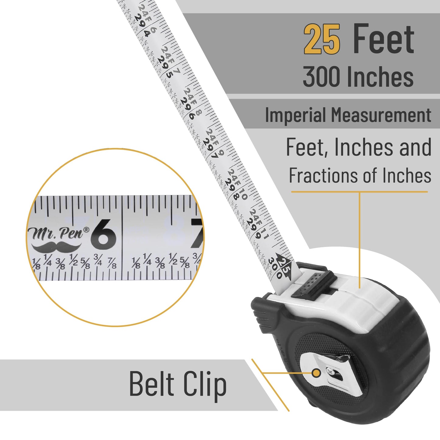 Mr. Pen 25-Foot Steel Retractable Tape Measure with Easy Read Fractions