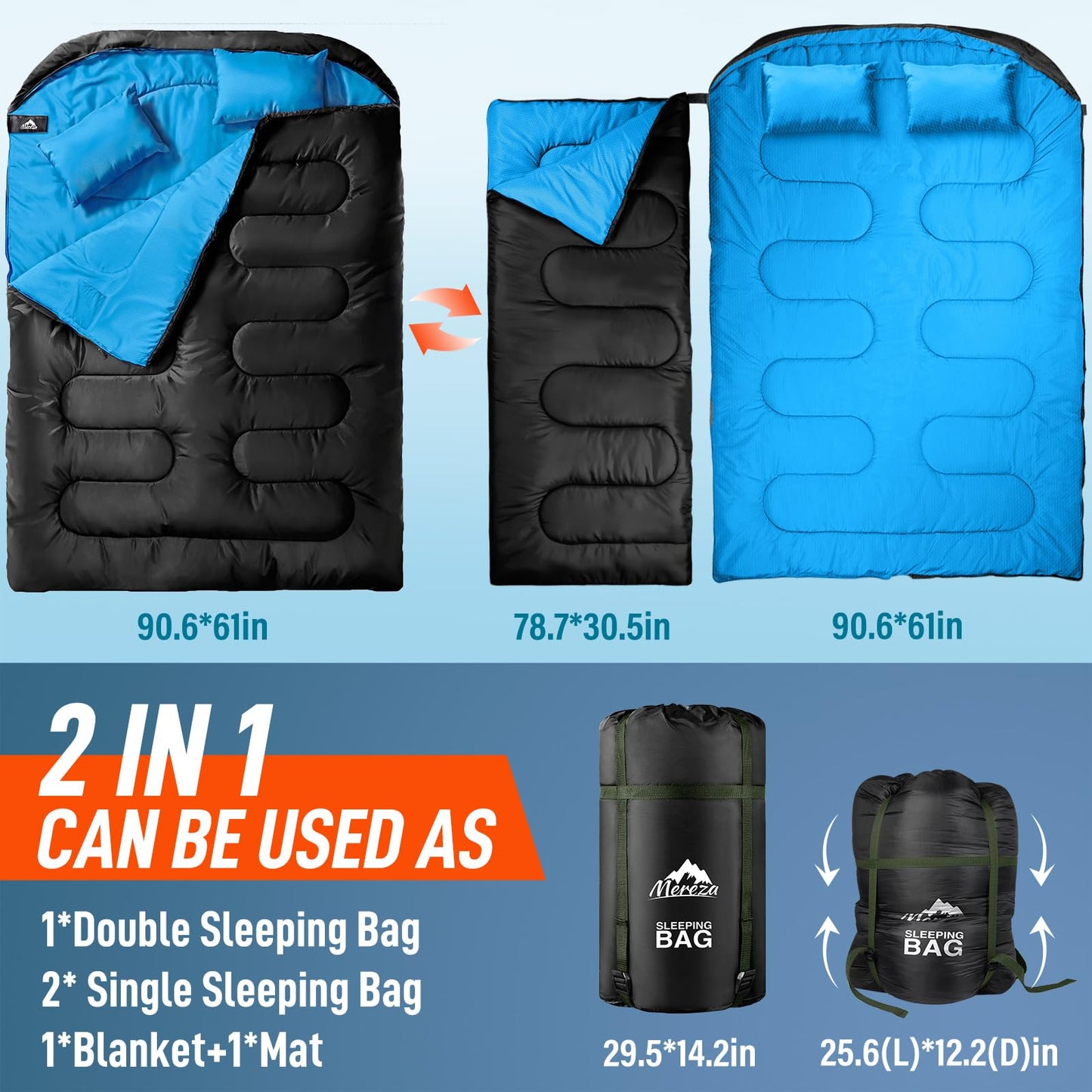 MEREZA Double Sleeping Bag for Adults Mens with Pillow, XL Queen Size Two Person Sleeping Bag for All Season Camping Hiking Backpacking 2 Person Sleeping Bags for Cold Weather & Warm