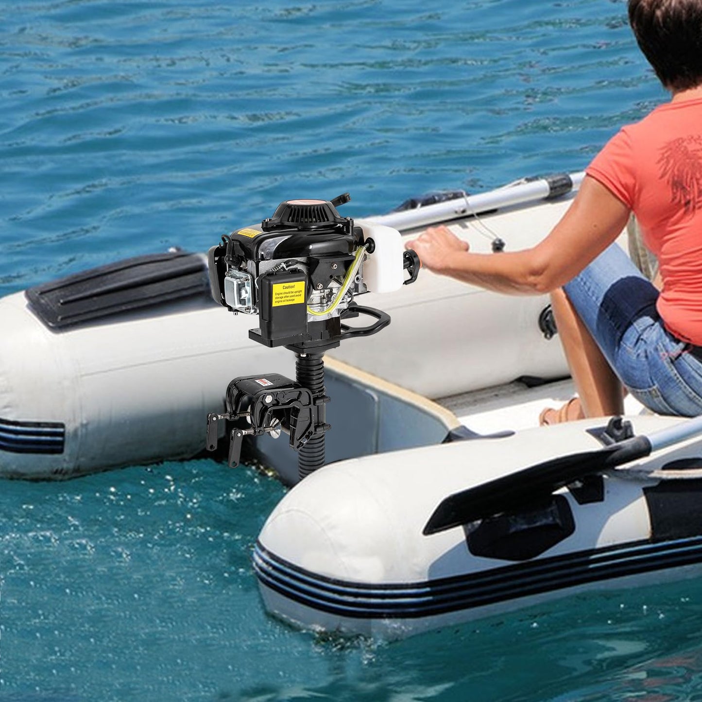 6HP Heavy Duty Outboard Motor, 170cc 4 Stroke Gas Outboard Boat Motor Engine with Air Cooling System, 3.2KW Single Cylinder Fishing Boat Engine for 3-7m Length
