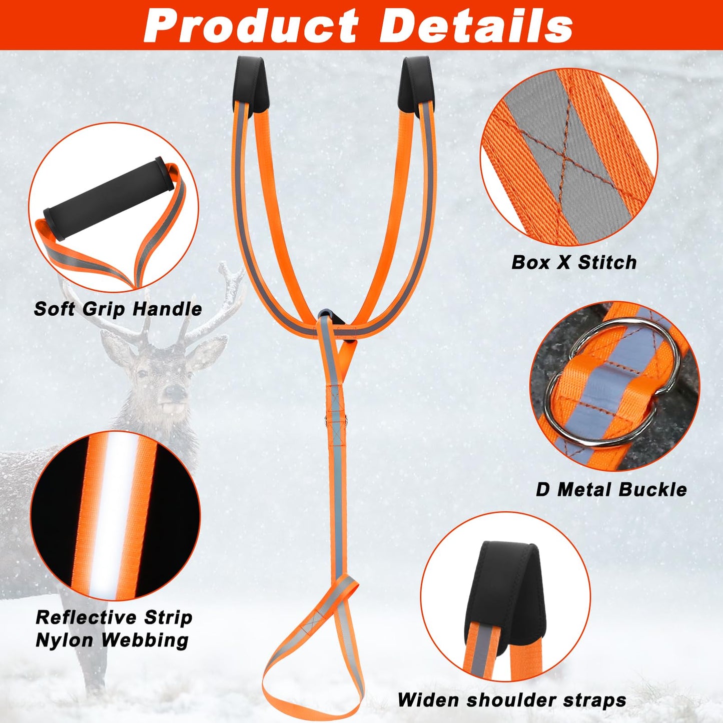 CHERAINTI Deer Drag Harness, Heavy Duty Deer Drag Strap Orange Deer Dragging Rope with Reflective Strip Soft Handle and Widen Shoulder Mens Deer Hunting Essentials Gear Accessories Gift for Hunters