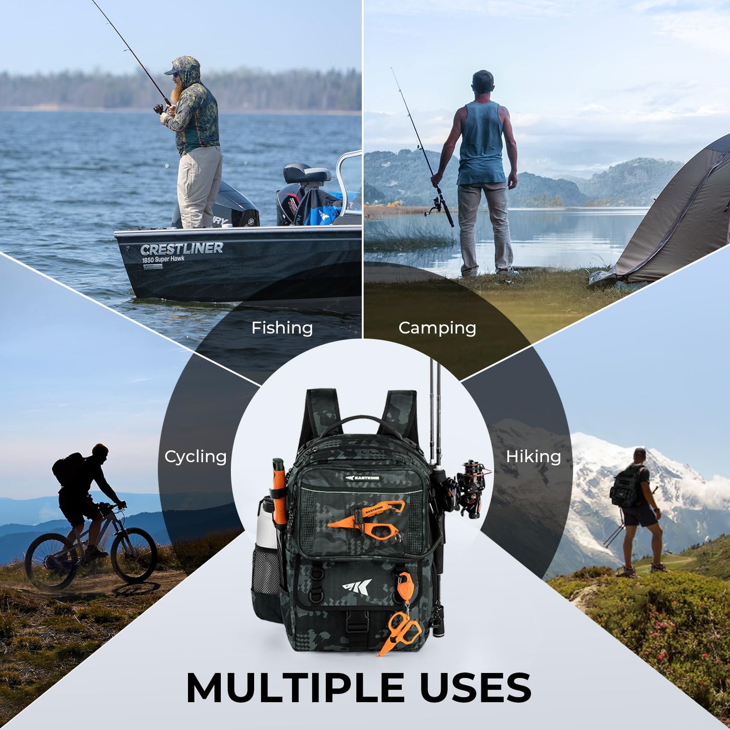 KastKing BaitSpace 50L Fishing Tackle Backpack with Removable Bait Binder & 4 Tackle Boxes, Rod Holders Storage Fishing Gear