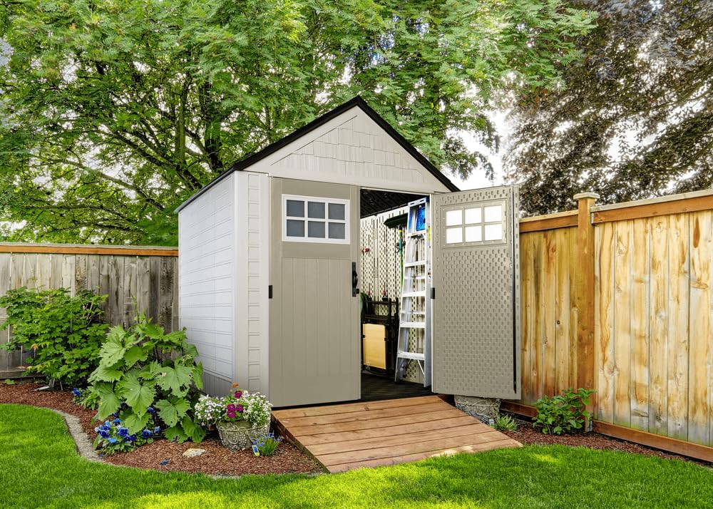 Rubbermaid Extra Large Resin Outdoor Storage Shed With Floor (7 x 10 Ft.), Weather Resistant, Brown, Organization for Home/Lawn Mower/Backyard Equipment/Bike Storage/Pool Supplies