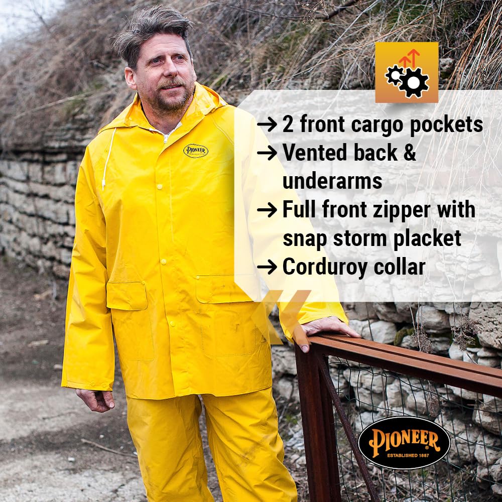 Pioneer Waterproof PVC Work Suit for Men – Repel Rain Gear Yellow Safety Jacket and Bib Pants - 3 PC Set With Detachable Hood