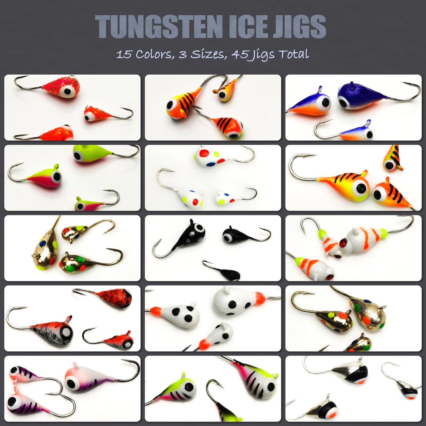 45Pcs Tungsten Ice Fishing Jigs Lures Kit, Micro Glow Tungsten Winter Jig Heads Hooks for Walleye Crappie Panfish Trout, Ice Fishing Gear Equipment Tackle Accessories