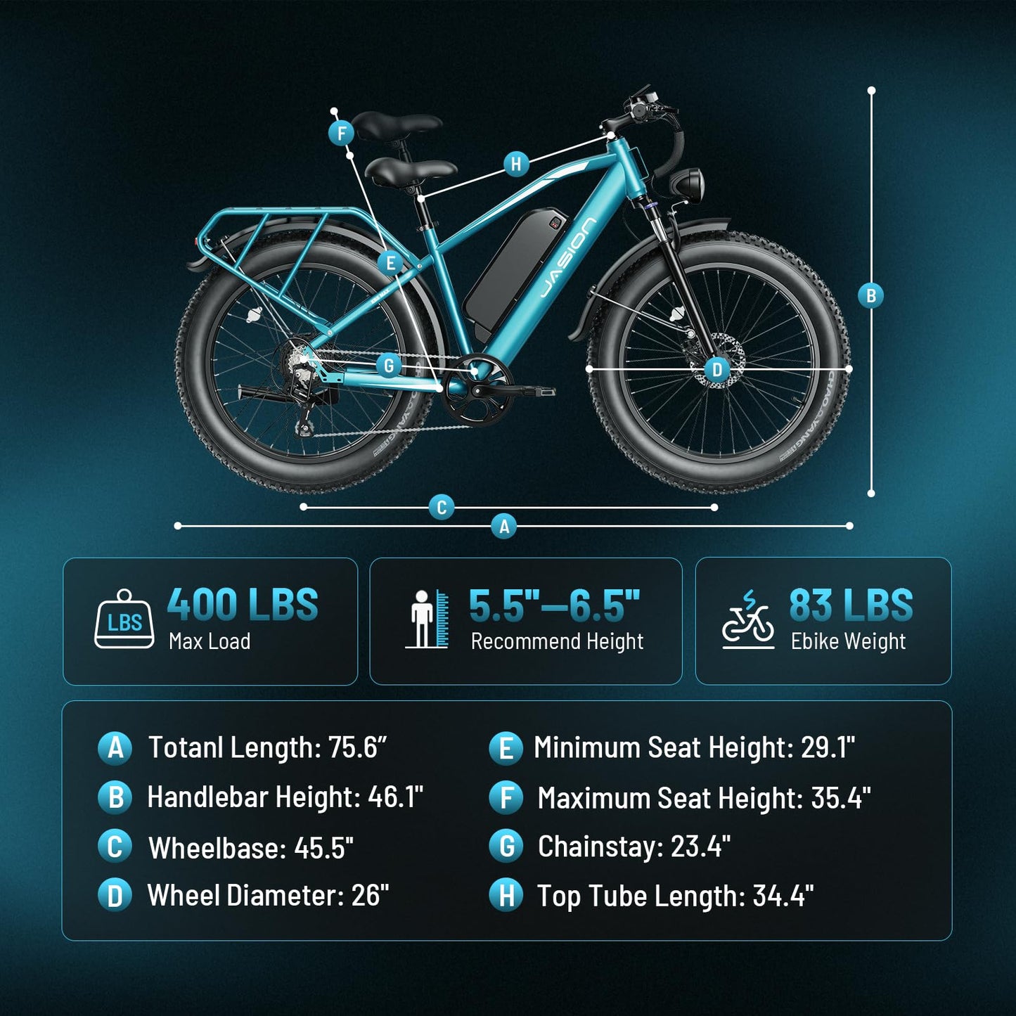 Jasion EB5 MAX Electric Bike for Adults with 1500W Peak Motor, 48V 15Ah (720Wh) Battery Electric Mountain Bike, 26'' x 4'' Fat Tire Ebike, 28+MPH Speed, Cruise Control, with Fenders, Rear Rack