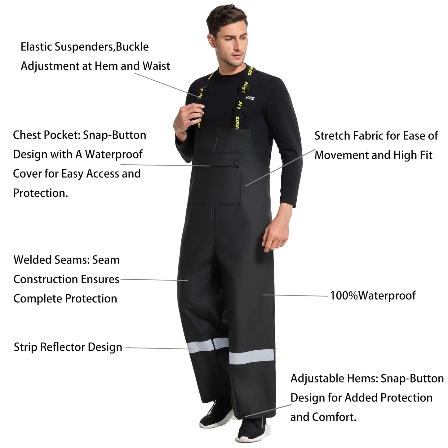 Men's Workwear PRO Rain Suit - Waterproof Jacket and Bib Pants 3-piece Set for Ultimate Safety and Comfort