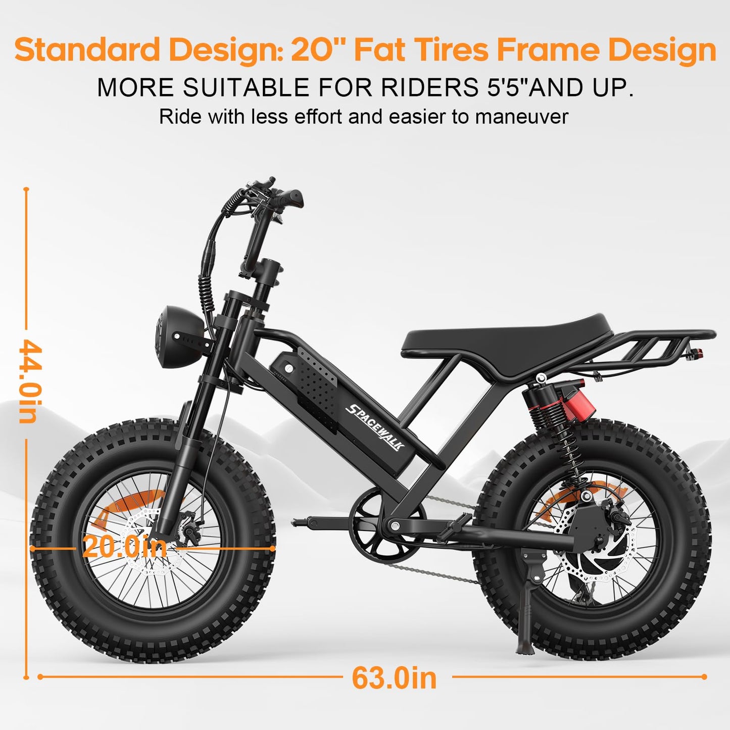 Spacewalk Electric Bike for Adult,20"x4"Fat Tires Ebike,Suitable for Riders 5'5"& Above,750W Motor,24.9mph,48V 15Ah Removable Battery,2X Front & 2X Rear Suspension for a Smoother Ride