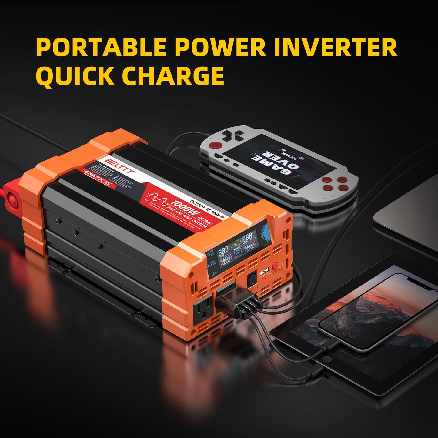 BELTTT 1000Watt Pure Sine Wave Inverter 12V DC to 120V AC for RV, Truck, Off-Grid Solar Car Power Inverter 12V to 110V Converter with Dual AC Socket and 5V 2.1A USB, Intelligent LCD, 2000W Peak