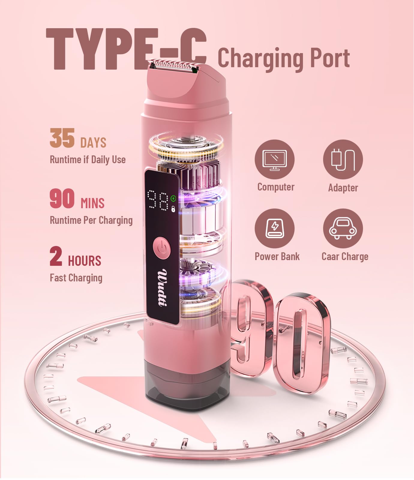 WUDTI Electric Bikini Trimmer for Women: Razor & Shaver with Dual Heads for Body Pubic Hair, IPX7 Waterproof with LED Display - Rechargeable Lady Trimmer for Underarm Body Leg Face