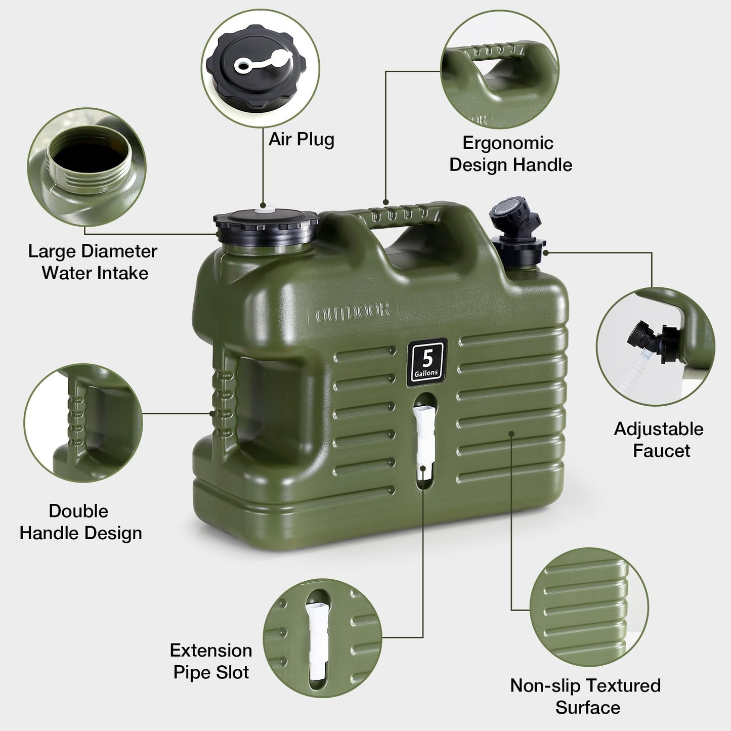 5 Gallon Water Jug, Camping Water Container BPA Free Water Storage with Spigot No Leakage Portable Emergency Water Tank for Outdoor Hiking Camping Picnic Supplies Green