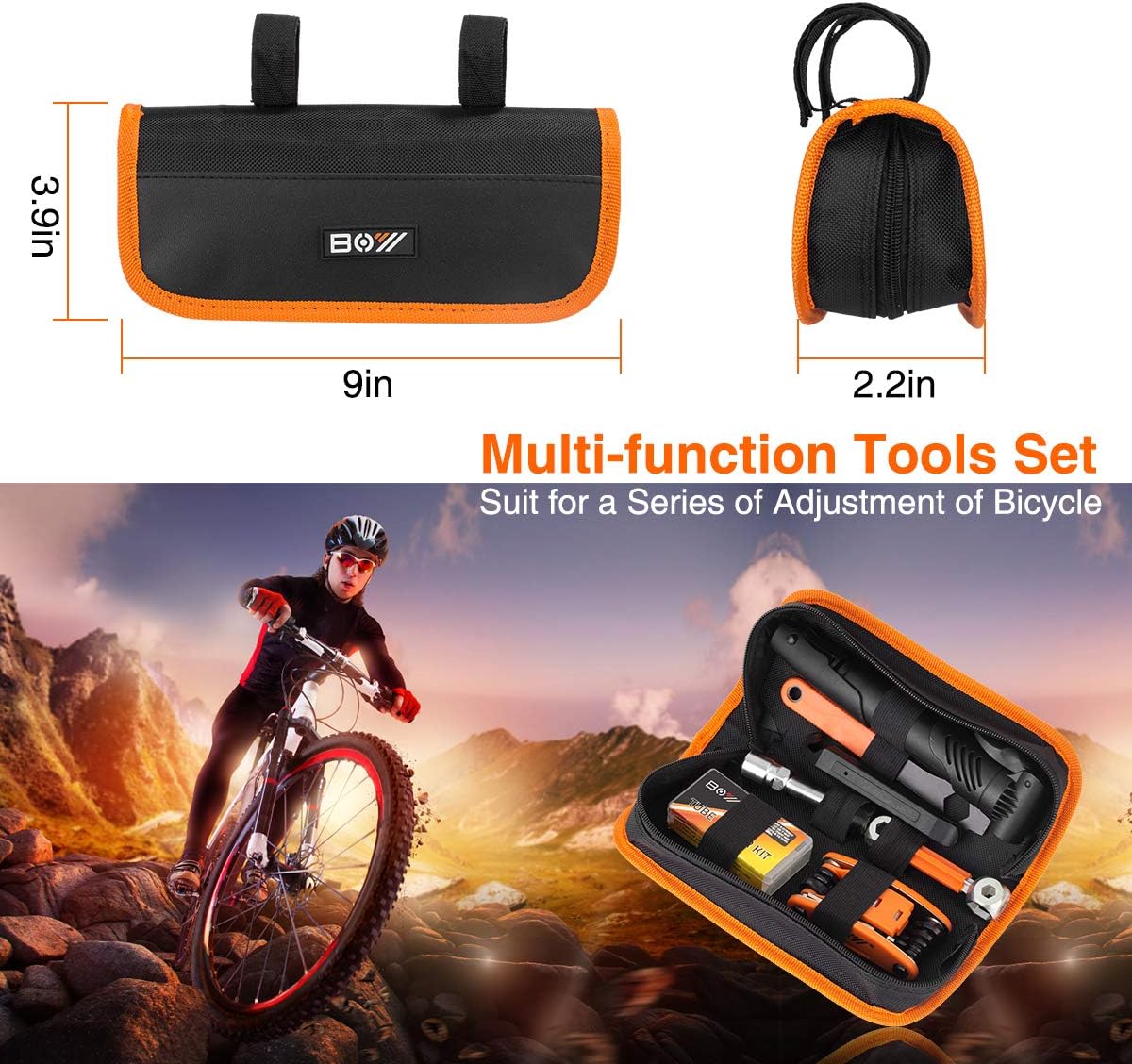 Bicycle Repair Bag With Tire Pump, Portable Tool Kit for Camping Travel - Patches, Inflator, Maintenance Essentials All in One Safety Kit