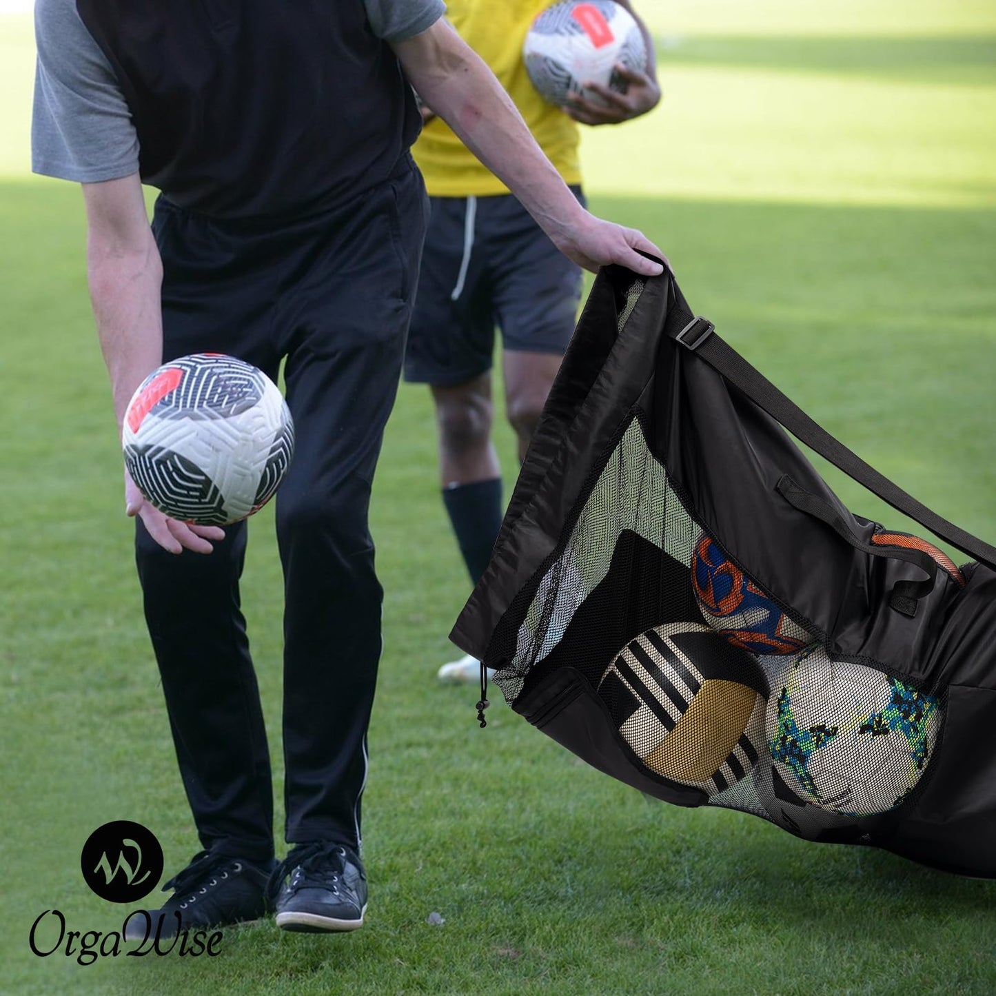 OrgaWise Soccer/Basketball Ball Bag with Handle and Strap,Soccer Ball Bags Mesh for Coaches,Sports Mesh Ball Bag,Basketball Bag for Balls(Strap+pocket+handle, 27"x36"/70x90cm)