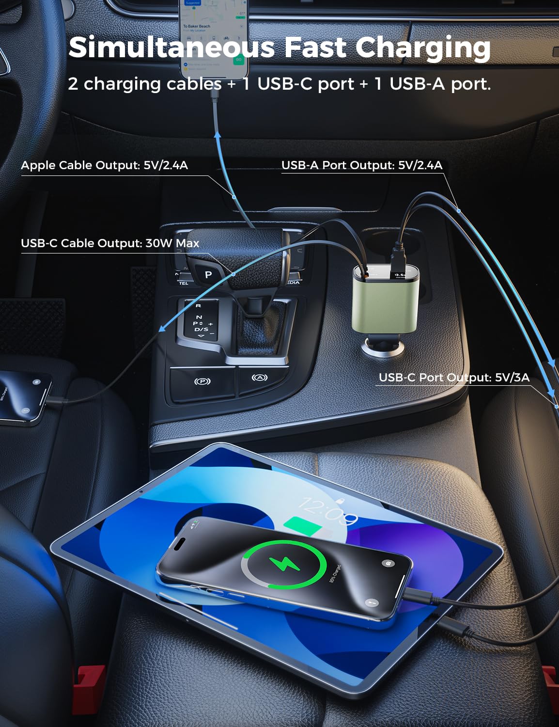 【Upgraded】 SUPERONE Retractable Car Charger 4 in 1, Fast Car Phone Charger with Cord 2.6ft, USB C and Apple Car Adapter, Compatible with iPhone 16 15/15 Pro Max/14/13/12/11, Galaxy, Pixel